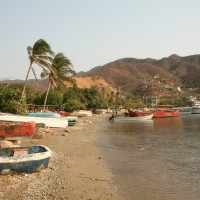 Taganga - potargane wiatrem palmy i kolorowe, wysłużone łódki.