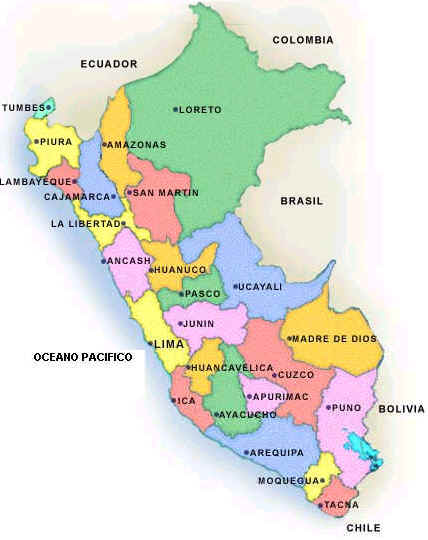 Mapa Peru z podziałem na regiony.